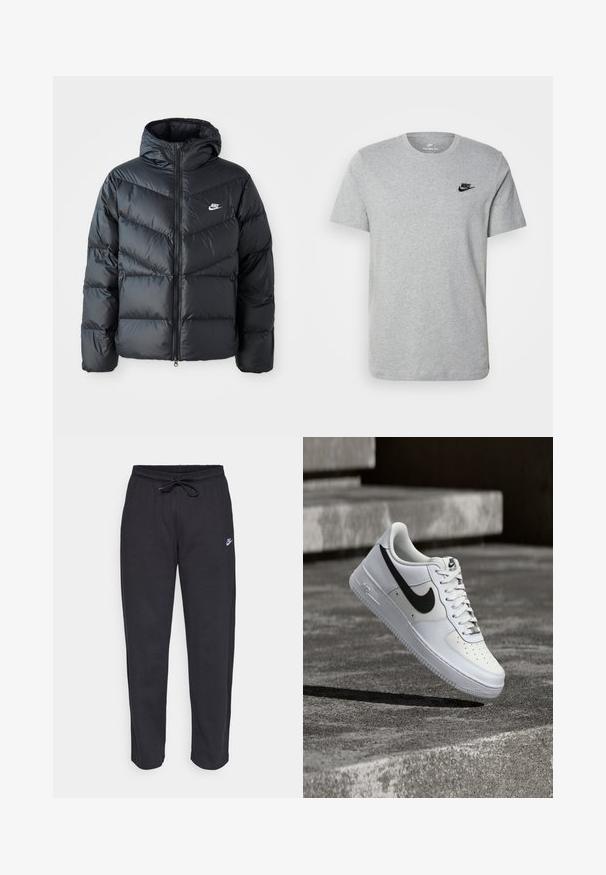 Čierna prešívaná bunda s kapucňou, disponujúca zipsovým uzáverom, dizajnom v tvare chevronu, bočnými vreckami a logom Nike na hrudi.; Sivý krátky rukáv T-shirt vyrobený z bavlny, s čiernym logom Nike na hrudi a okrúhlym výstrihom. Minimalistický dizajn bez vzorov.; Čierne tepláky vyrobené z mäkkej tkaniny s elastickým pásom, sťahovacou šnúrkou a malým logom Nike na ľavom stehne.; Biela teniska Nike Air Force 1 s čiernym logom swoosh, zaviazanými šnúrkami, umiestnená vo vzduchu nad textúrovaným betónovým povrchom vonku.