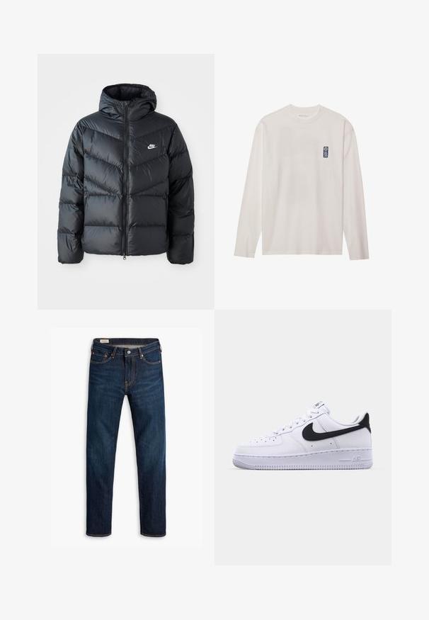 Sort dunjakke med hætte, der har lynlås foran, chevron quiltet design, sidelommer og Nike-logo på brystet.; Langærmet hvid T-shirt lavet af bomuld, med et lille blåt logomærke på venstre brystet og rund halsudskæring.; Mørkeblå denimjeans med lige ben, der har kontrastfuld orange syning, fem lommer og en frontknaplukning.; Hvide lædersneakers med en struktureret sort Swoosh, flade snørebånd og en gummisål med et rillemønster. "AIR" er præget på hælen.
