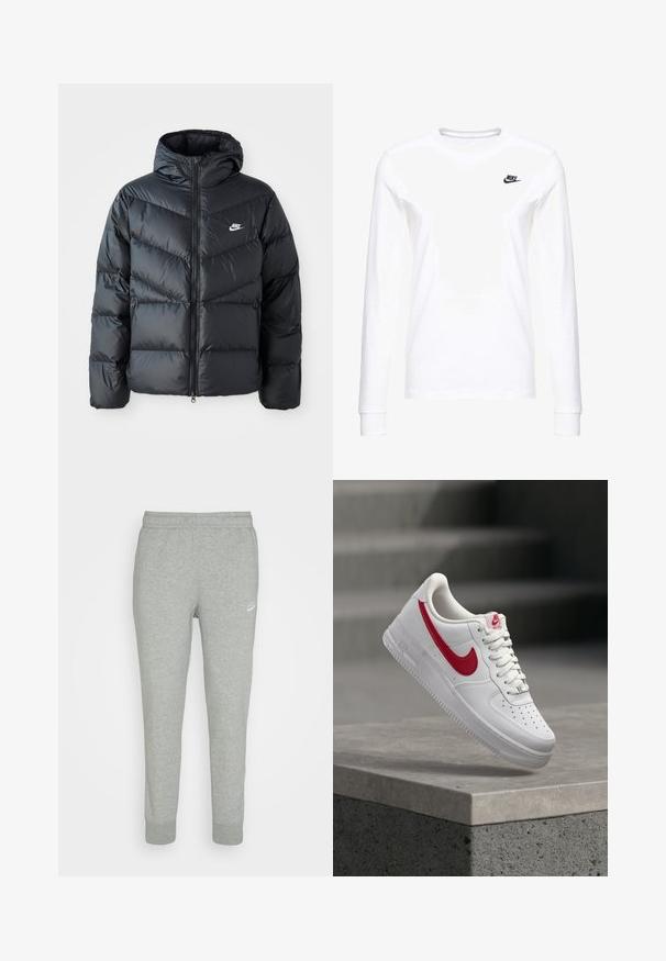Schwarze Pufferjacke mit Kapuze, mit Reißverschluss vorne, Chevron-Steppdesign, Seiten Taschen und Nike-Logo auf der Brust.; Weißes Langarm-T-Shirt aus Baumwolle mit kleinem schwarzem Nike-Logo auf der linken Brust und rundem Halsausschnitt. Glatte Textur.; Graue Sweatpants aus weichem Stoff, mit schmal zulaufendem Bein, elastischem Bund und kleinem weißen Nike-Logo am linken Oberschenkel.; Weißer Nike Air Force 1 Sneaker mit rotem Swoosh-Logo, der über einer Betonbrüstung und Treppen im Hintergrund schwebt.