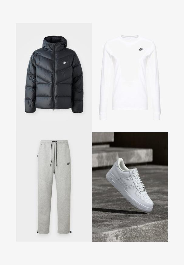 Sort dunjakke med hætte, der har lynlås foran, chevron quiltet design, sidelommer og Nike-logo på brystet.; Hvid langærmet T-shirt lavet af bomuld, med et lille sort Nike-logo på venstre bryst og en rund halsudskæring. Glat tekstur.; Grå Nike sweatpants med snøre i taljen, sidelommer og elastiske manchetter. Har en glat overflade og kontrastfarvet sort logo-detalje.; Hvid Nike Air Force 1 sneaker med prægede stjernemønstre og en metallisk stjerne snørebåndsvedhæng, der svæver over en betongulv.