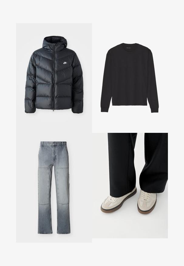 Mustapuffa takki hupulla, jossa on vetoketju edessä, viisto ompelu, sivutaskut ja Nike-logo rinnassa.; Musta pitkähiha T-paita, valmistettu pehmeästä puuvillasta. Klassinen pyöreä kaulus, resorireunat hihoissa ja rento istuvuus. Yksinkertainen muotoilu ilman kuvioita.; Harmaat korkeavyötäröiset farkut, joissa on suuret suorakulmaiset polvipaikkaukset ja leveä lahkeen leikkaus, etutaskut ja napillinen kiinnitys.; Jalat, joissa on beigejä tennareita ruskeilla pohjilla ja mustat leveälahkeiset housut valkoisella taustalla.