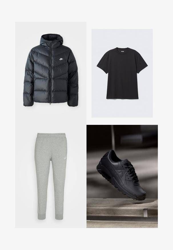 Schwarze Pufferjacke mit Kapuze, mit Reißverschluss vorne, Chevron-Steppdesign, Seiten Taschen und Nike-Logo auf der Brust.; Schwarzes T-Shirt mit kurzen Ärmeln aus Baumwolle. Hat einen Rundhalsausschnitt und eine lockere Passform. Einfaches Design ohne sichtbare Muster oder Akzente.; Graue Sweatpants aus weichem Stoff, mit schmal zulaufendem Bein, elastischem Bund und kleinem weißen Nike-Logo am linken Oberschenkel.; Schwarze Nike Air Max Sneaker mit einem strukturierten Leder-Obermaterial, Gummisohle und auffälligem Schnürsystem, das ein schlankes, modernes Design präsentiert.