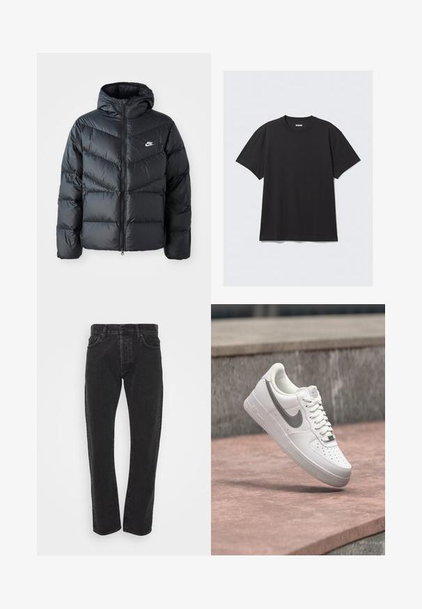 Čierna prešívaná bunda s kapucňou, disponujúca zipsovým uzáverom, dizajnom v tvare chevronu, bočnými vreckami a logom Nike na hrudi.; Čierne tričko s krátkym rukávom vyrobené z bavlny. Má okrúhly výstrih a voľný strih. Jednoduchý dizajn bez vzorov alebo akcentov.; Pánske čierne rovné džínsy so zapínaním na gombík a zips, piatimi vreckami a pútkami na opasok na jednoduchom bielom pozadí.; Biela teniska Nike Air Force 1 so sivým logom swoosh, ktorá visí nad kamenným povrchom a sivou kamennou stenou v pozadí.