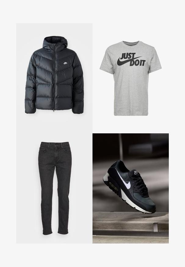 Chaqueta acolchada negra con capucha, con cierre de cremallera al frente, diseño de acolchado en forma de chevron, bolsillos laterales y logo de Nike en el pecho.; Camiseta de algodón gris con mangas cortas, que presenta el texto en negro "JUST DO IT" y el logotipo de Nike en forma de swoosh impreso en la parte delantera.; Vaqueros de mezclilla negra con un corte ajustado, que cuentan con cinco bolsillos, trabillas para cinturón y detalles de costura sutiles. Textura desgastada a lo largo de la tela.; Zapatilla Nike Air Max negra y gris con el logo blanco, suspendida sobre una superficie de cemento contra un fondo oscuro y desenfocado.