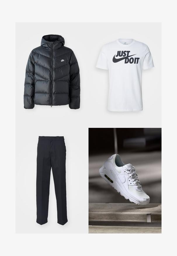 Must must vilakapp, millel on kapuuts, esiosal on lukuga kinnitamine, chevroni õmblusmustri disain, küljetaskud ja Nike logo rinnal.; Valge puuvillane T-särk, millel on silmapaistev must "Just Do It" logo ja Nikei suss. Klassikaline ümmargune kaelus ja lühikesed varrukad.; Musta kohandatud püksid sirge lõikega, valmistatud siledast kangast, millel on vöökoht silmadega ja ilma nähtavate mustrite või aksessuaarideta.; Valged Nike Air Max 90 sneakers, millel on võrkkangast ja nahast ülemine osa, aukudega varbadosa ning nähtav õhuüksus kandades.