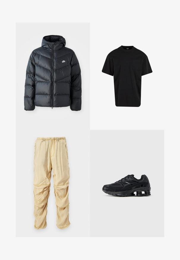 Must must vilakapp, millel on kapuuts, esiosal on lukuga kinnitamine, chevroni õmblusmustri disain, küljetaskud ja Nike logo rinnal.; Must musta t-särk ümmarguse kaelusega, lühikeste varrukatega ja rinna taskuga. Lihtne disain, andes vaba lõike ja sileda tekstuuri.; Heledad beige nailonkangas, millel on reguleeritavad stringid vööl ja lukuga taskud, disainitud volangiliste, kihiliste kangaste detailidega.; Must sportlik kinga võrgust pealsega, polsterdatud kaelusega ja silmapaistva polsterdatusega kandis. Omab struktuurseid detaile ja paelu.