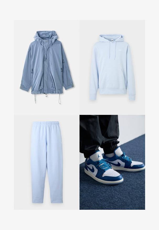 Lysblå jakke med hætte, justerbare snore, to forlommer og elastiske manchetter. Lavet af vandafvisende materiale med en glat tekstur.; Lyseblå Nike-hoodie med forreste kængurulomme, snøretrækshætte og lille hvid Nike-logo på venstre bryst.; Lyseblå, lige skårne joggingbukser med elastisk taljebånd, subtilt sidelogo og uden synlige lommer eller yderligere detaljer.; Nike Air Jordan sneakers har en hvid læderbase med blå syntetiske detaljer, en perforeret tåboks og blå snørebånd.