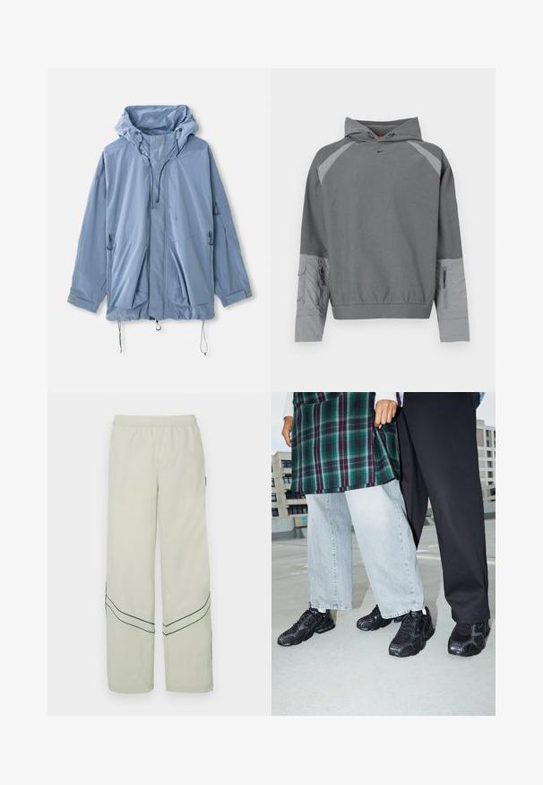 Chaqueta azul claro con capucha, cordones ajustables, dos bolsillos frontales y puños elásticos. Hecha de material resistente al agua con una textura suave.; Sudadera con capucha gris con cuerpo texturizado gris, mangas ranglán, bolsillo frontal y detalle de cremallera lateral. Cuenta con un logo negro en el pecho.; Pantalones verdes claros de corte holgado con cintura elástica, con líneas diagonales verde oscuro y diseño sencillo. Tela suave y ligera.; Zapatillas deportivas negras con acentos de malla y goma. Combinadas con jeans de pierna ancha de color gris claro y una blusa de cuadros verdes. Fondo de superficie plana.