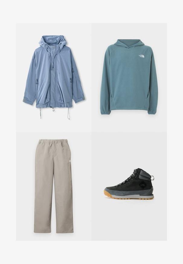Lichtblauwe jas met een capuchon, verstelbare trekkoorden, twee voorkruiszakken en elastische manchetten. Gemaakt van waterafstotend materiaal met een gladde textuur.; Blauwe fleece hoodie met een kangoeroezak, capuchon met trekkoord en elastische manchetten. Voorzien van een wit logo op de borst. Soepele textuur.; Beige rechte broek met elastische tailleband en een klein wit logo op het rechter zijnnaad.; Zwarte hoge wandelboots gemaakt van gestructureerd suede en synthetische materialen, met grijze accenten, een robuuste rubberen zool en grijze veters.