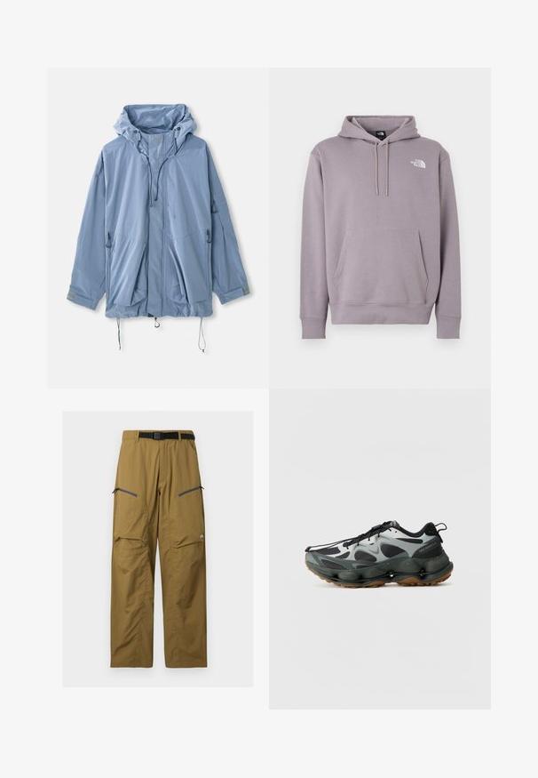 Chaqueta azul claro con capucha, cordones ajustables, dos bolsillos frontales y puños elásticos. Hecha de material resistente al agua con una textura suave.; Sudadera con capucha en color púrpura claro, confeccionada con tela suave. Cuenta con un bolsillo frontal tipo canguro, capucha con cordón ajustable y logo blanco en la parte superior izquierda.; Pantalones de exterior color caqui con cinturón negro ajustable, dos bolsillos en el muslo con cremallera y costuras en las rodillas, mostrados sobre un fondo liso.; Zapatillas deportivas en negro y gris con parte superior de malla, suela esculpida y suela de goma. Cuenta con un sistema de cordones seguro y una pestaña de tirador en el talón.