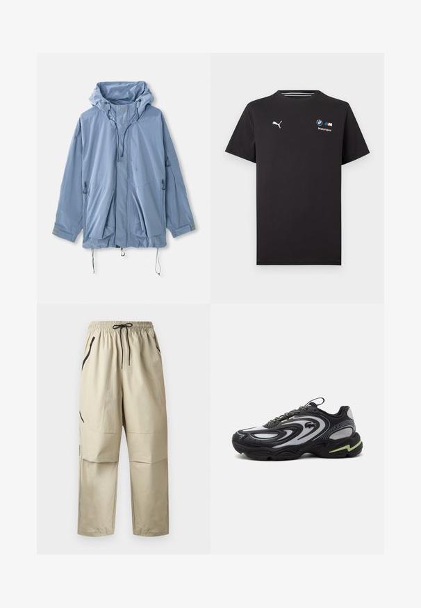 Chaqueta azul claro con capucha, cordones ajustables, dos bolsillos frontales y puños elásticos. Hecha de material resistente al agua con una textura suave.; Camiseta negra de manga corta con el logo de Puma en el lado izquierdo del pecho y el logo de BMW Motorsport en el lado derecho del pecho.; Pantalones beige ligeros con cintura elástica, cordón negro y bolsillos laterales con cremallera, mostrados de frente sobre un fondo liso.; Zapatilla Lacoste Storm 2K negra y gris con patrones ondulados, diseño con cordones y una suela gruesa con un detalle en verde claro.