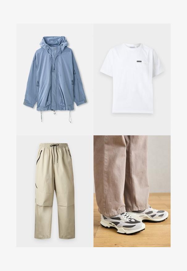Lysblå jakke med hætte, justerbare snore, to forlommer og elastiske manchetter. Lavet af vandafvisende materiale med en glat tekstur.; Hvid T-shirt med korte ærmer og rund halsudskæring samt en lille brystlomme med et sort Columbia-logo påsat.; Beige letvægtsbukser med elastisk taljebånd, sort snøre og lynlåslommer i siderne, vist forfra på ensfarvet baggrund.; En person iført beige bredbukser og grå-hvide sportsko står på et trægulv.