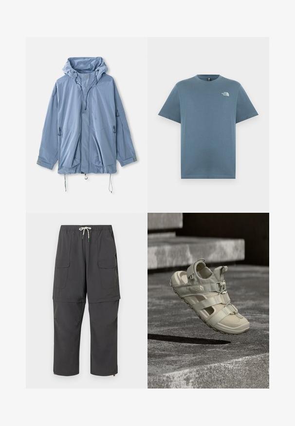 Lichtblauwe jas met een capuchon, verstelbare trekkoorden, twee voorkruiszakken en elastische manchetten. Gemaakt van waterafstotend materiaal met een gladde textuur.; Blauw T-shirt met korte mouwen en ronde hals, met een klein wit The North Face-logo op de linkerborst.; Donkergrijze cargobroek met afneembare benen tot een korte broek, voorzien van een trekkoord in de taille en klepzakken.; Beige buitensandaal gemaakt van lichtgewicht materiaal, met meshpanelen, verstelbare riemen en een textuurrubber zool met een profielpatroon.