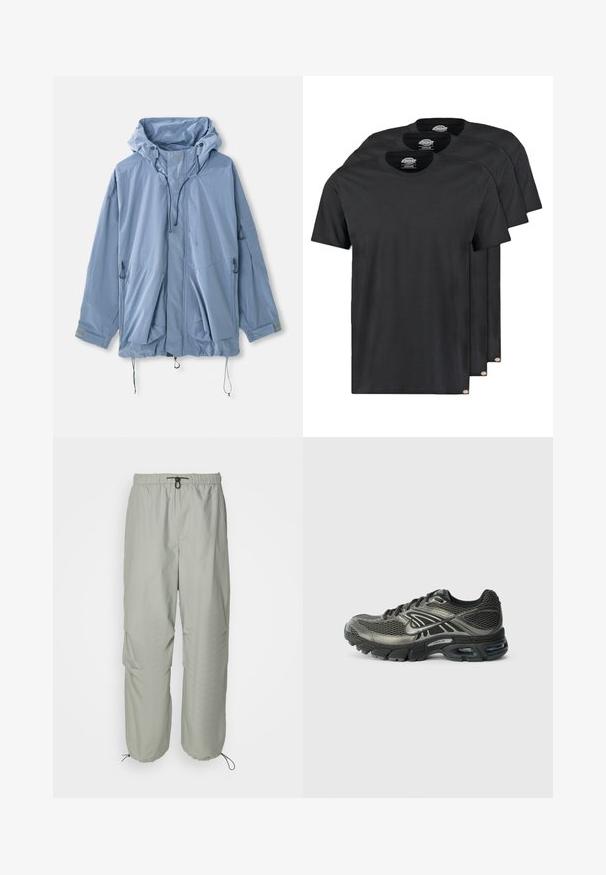 Hele sinise kapuutsiga jakk, reguleeritavate nööridega, kahe eesmise taskuga ja elastsete mansettidega. Valmistatud veekindlast materjalist, millel on sile tekstuur.; Musthave must-haves must-have must-have blocked black color correct black-color short sleeves kitten knit knitted knits cuffs cutout crew neck short sleeve smooth silk silk soft smooth smooth finish smooth handle logo guarding hem pa sleeve.; Heledad hall hallide, kergekaalulised püksid elastse vöökohtaga, reguleeritava nööriga ja küljetaskutega. Omavad lõdvemaid mõõtusid ja kitsenevaid sääri.; Mustmust ja hall Nike'i jooksujalanõud, millel on võrgust ülemine osa, pehme tald, nähtav õhutus ja paelad valge taustal.