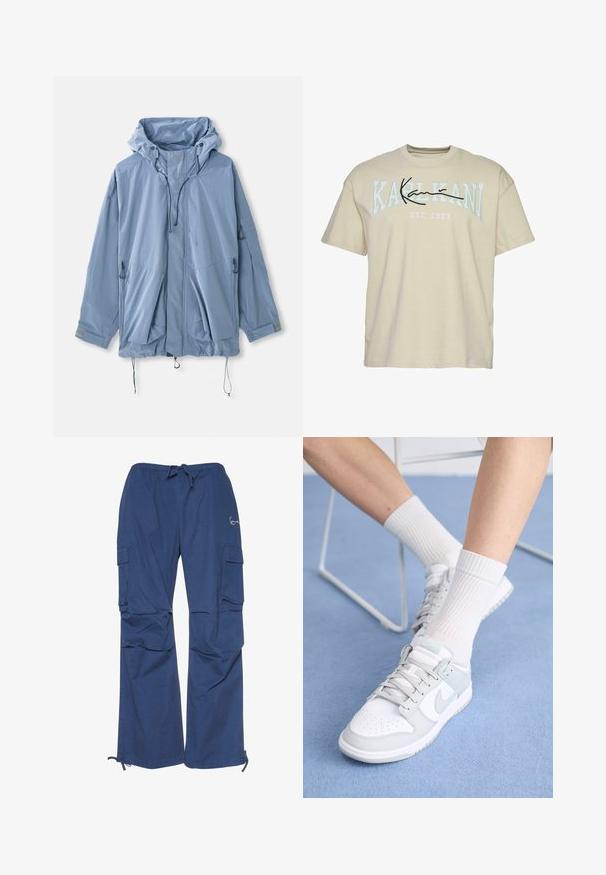 Lysblå jakke med hætte, justerbare snore, to forlommer og elastiske manchetter. Lavet af vandafvisende materiale med en glat tekstur.; Beige bomulds T-shirt med rund halsudskæring, med "KARL KANI" tekst i blå og sort på tværs af brystet, etableret 1989 nedenfor.; Blå cargobukser lavet af bomuld med snoretræk i taljen, to sidelommer og en løs pasform med manchetter ved anklerne.; Hvide sneakers med lyseblå accenter, læderoverdel, perforeret tå, tykke snørebånd og ribbede hvide sokker mod en blå baggrund.