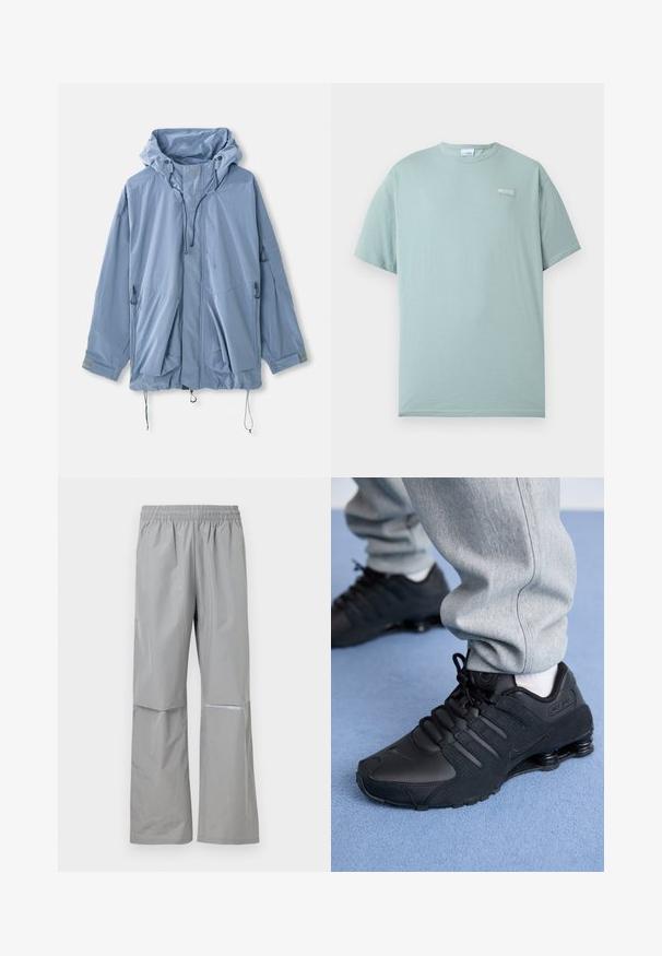 Hellblauer Jacke mit Kapuze, verstellbaren Kordeln, zwei Vorderaschen und elastischen Bündchen. Hergestellt aus wasserabweisendem Material mit einer glatten Textur.; Hellblaues T-Shirt mit kurzen Ärmeln und Rundhalsausschnitt, mit kleinem weißem Columbia-Logo auf der linken Brust, vor einem schlichten weißen Hintergrund.; Hellgraue wasserdichte Regenhose mit elastischem Bund und reflektierendem Streifen am rechten Bein, für den Außeneinsatz konzipiert.; Person in schwarzen Nike Shox Sneakers und grauen Jogginghosen, der auf einem hellblauen Teppich steht.