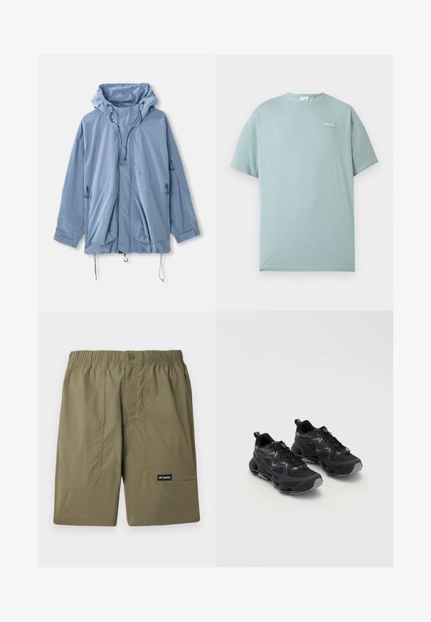 Lichtblauwe jas met een capuchon, verstelbare trekkoorden, twee voorkruiszakken en elastische manchetten. Gemaakt van waterafstotend materiaal met een gladde textuur.; Lichtblauw T-shirt met korte mouwen en ronde hals, met een klein wit Columbia-logo op de linkerborst, tegen een effen witte achtergrond.; Olijfgroene Columbia-merk shorts met een elastische taille, voorzakken en een knoopsluiting op een lichte achtergrond.; Zwarte sportschoenen met een gestructureerde mesh bovenkant, voorzien van een chunky zool, vetersluiting en subtiele grijze accenten.
