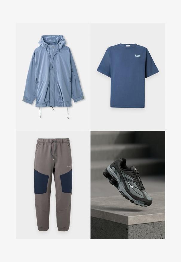 Lysblå jakke med hætte, justerbare snore, to forlommer og elastiske manchetter. Lavet af vandafvisende materiale med en glat tekstur.; Blå T-shirt med korte ærmer og rund halsudskæring med lille rektangulært Columbia Sportswear-logo på venstre bryst.; Grå joggingbukser med marineblå knæpaneler, elastisk taljebånd, snor, lynlåslommer og Columbia-logo på øverste lår.; Grå og sort atletiksko med meshpaneler og tyk sål, placeret i luften over en betonliste med trapper i baggrunden.