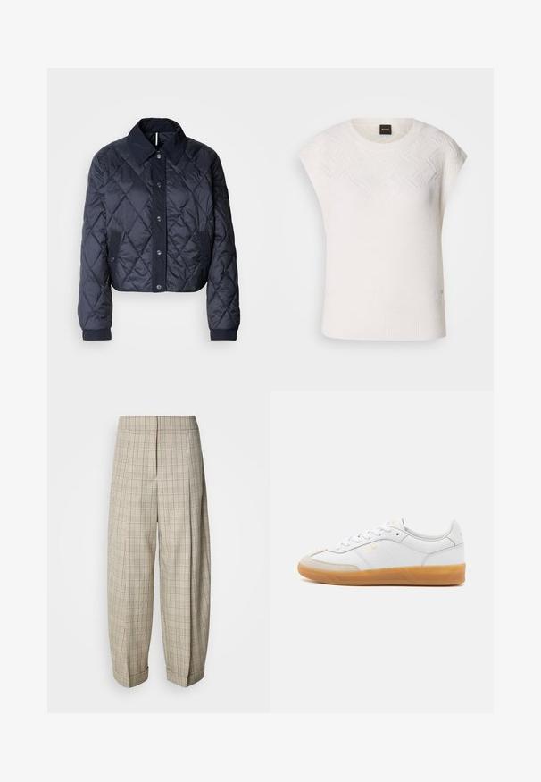 Veste matelassée bleu marine avec un grand col, fermeture à boutons et poignets élastiques. Comprend des coutures diagonales et des poches latérales. Texture douce et lisse.; Pull sans manches blanc avec un motif texturé dans la partie supérieure et un ourlet côtelé. Présente un col rond et un logo discret sur l'étiquette.; Pantalon à carreaux beige avec une coupe ample, présentant une jambe large, une texture douce et un ourlet plié. Motif en grille verticale et horizontale sur toute la surface.; Baskets en cuir blanc avec des accents en suédine beige, semelle en caoutchouc gomme et design à lacets. Présente un logo discret en doré.
