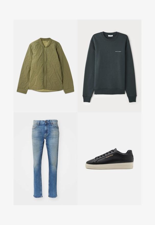Quilted olivgrüne Jacke mit rundem Halsausschnitt, Druckknopfverschluss, zwei Seitentaschen und strukturiertem wellenförmigem Muster.; Dunkelgrüner Sweatshirt, Rundhalsausschnitt, lange Ärmel, gerippte Bündchen und Saum, mit einem weißen Textlogo "TIGER OF SWEDEN" auf der Brust.; Helle blaue Jeans im geraden Schnitt mit Reißverschluss, fünf Taschen und einer leicht verwaschenen Textur.; Schwarze Leder-Sneaker mit glatter Oberfläche, kontrastierender cremefarbener Sohle, abgerundeter Spitze, goldfarbenem Logo an der Seite und sechs Ösen für die Schnürsenkel.