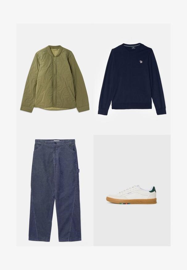 Chaqueta acolchada en verde oliva con escote redondo, cierre delantero a presión, dos bolsillos laterales y patrón texturizado en wavy.; PS Paul Smith MEN SWEATER CREW NECK - Jersey de punto - dark blue; WOOD WOOD WWWILSON TWISTED SEAM TROUSERS - Pantalones - envy green; Zapatilla blanca de cuero con diseño perforado, suela de goma, acento verde en el talón y detalle de rayas coloridas en el lateral.