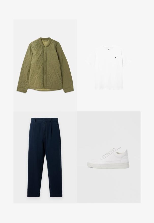 Veste olive verte matelassée avec un col rond, fermeture éclair à pressions sur le devant, deux poches latérales et un motif ondulé texturé.; T-shirt blanc à manches courtes et col rond avec un petit logo circulaire représentant un "W" noir sur la poitrine gauche.; CLOSED BLOMBERG - Jean baggy - dark blue; Baskets en cuir blanc avec un embout arrondi, une semelle plate et un laçage à l'avant. Présentent des détails de couture et un col rembourré pour plus de confort.