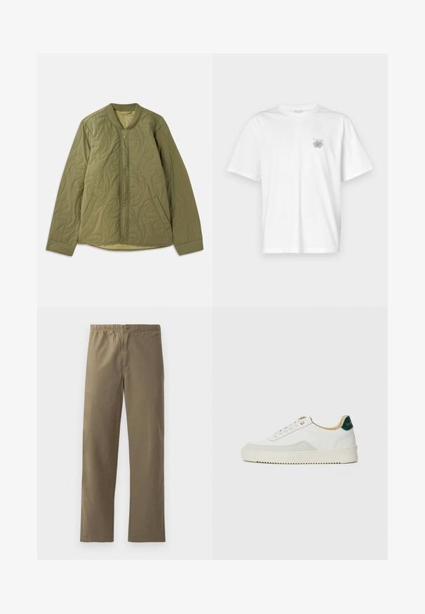 Chaqueta acolchada en verde oliva con escote redondo, cierre delantero a presión, dos bolsillos laterales y patrón texturizado en wavy.; Camiseta blanca de algodón con mangas cortas, cuello redondo y un pequeño logo gris en el lado izquierdo del pecho. Textura suave.; Pantalones caqui hechos de tela ligera. Presentan una cinturilla elástica, un cierre de botón, piernas rectas y una textura suave.; Zapatilla blanca con acentos de ante, puntera redondeada, cordones planos y suela de goma color crema. Presenta un logo verde en el talón.