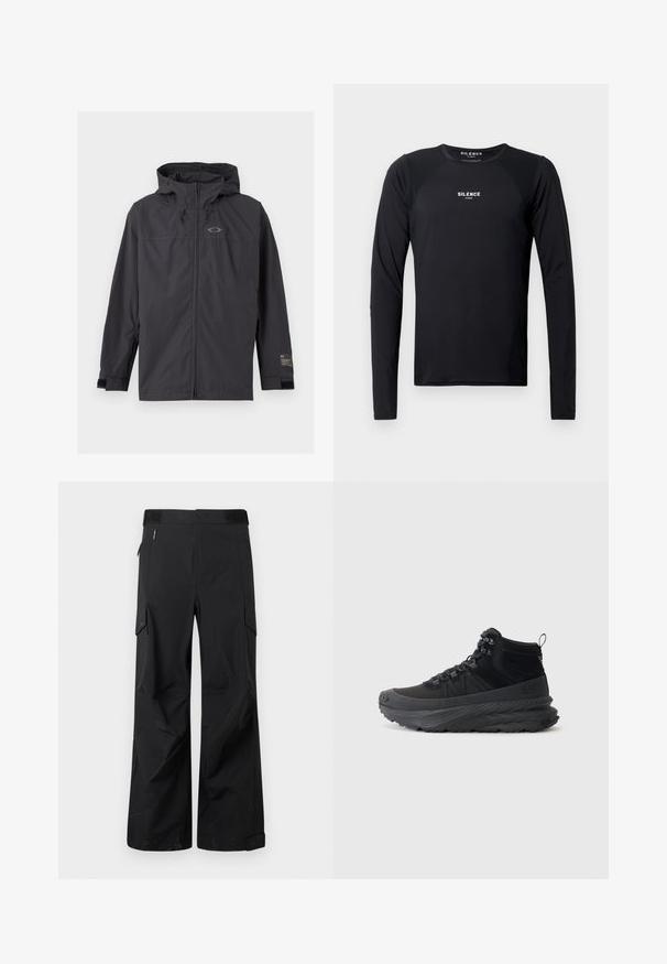 Veste coupe-vent noire à capuche avec fermeture éclair sur le devant et sangles de poignet réglables, présentée à plat sur un fond clair.; T-shirt de sport long noir en tissu lisse et léger. Il possède un col rond, des manches raglan et un logo discret sur la poitrine.; Pantalons cargo noirs en tissu lisse et résistant à l'eau. Dotés de jambes larges, de multiples poches latérales et d'une taille plate avec un branding subtil.; Sneaker montante noire en tissu texturé avec une semelle en caoutchouc, présentant un système de laçage, un col rembourré et une languette à l'arrière.