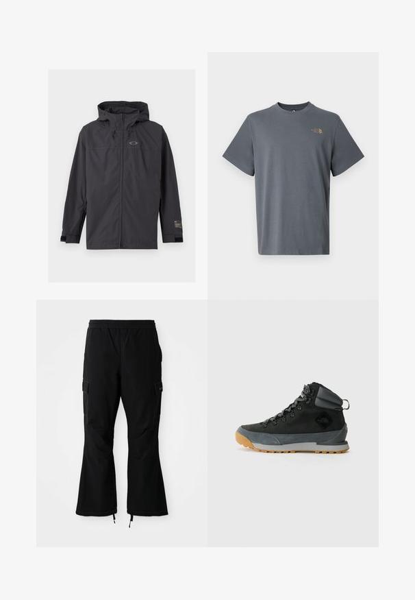 Veste coupe-vent noire à capuche avec fermeture éclair sur le devant et sangles de poignet réglables, présentée à plat sur un fond clair.; T-shirt en coton gris à manches courtes, col rond, avec un petit logo doré sur le côté gauche de la poitrine. Texture lisse et design simple.; Pantalon cargo noir avec une taille élastique, doté de poches latérales et de jambes évasées avec des zips aux poignets, présenté sur un fond blanc.; Bottes de randonnée montantes noires en suède texturé et matériaux synthétiques, avec des accents gris, une semelle en caoutchouc robuste et des lacets gris.