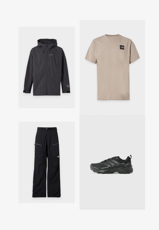 Veste coupe-vent noire à capuche avec fermeture éclair sur le devant et sangles de poignet réglables, présentée à plat sur un fond clair.; T-shirt beige à manches courtes avec col rond et petit logo noir The North Face sur la partie supérieure gauche de la poitrine.; Pantalon de plein air noir avec ceinture ajustable, deux poches cuisses zippées et le logo The North Face sur la jambe droite.; Chaussure de sport noire avec un dessus en tissu texturé, trois rayures argentées, un orteil renforcé et une semelle en caoutchouc robuste pour une meilleure adhérence.