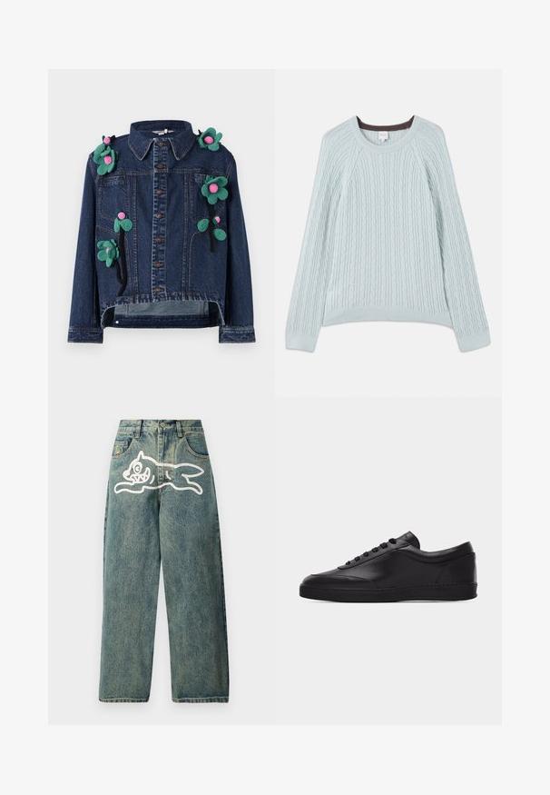 Denimjakke med frontknapper, krave og blomsterapplikationer i grøn og pink, med en cropped design og afslappet pasform.; Lys blå kabelstrik sweater med raglanærmer, rund halsudskæring og ribbede manchetter. Blød tekstur med subtil brun detalje ved halsudskæringen.; Lyseblå denimjeans med en løs pasform, der har et stort hvidt kattegrafik på venstre ben og et traditionelt femlomme-design.; Sort lavtstående lædersneaker med snørebånd foran og flad gummisål, vist fra siden på en ensartet hvid baggrund.