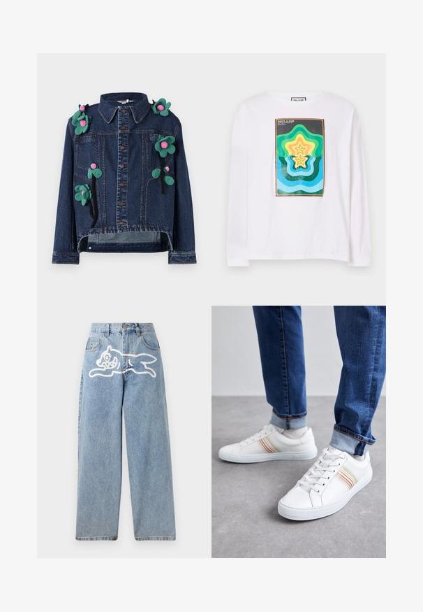 Jeansjacke mit Vorderknöpfen, Kragen und floralen Applikationen in Grün und Pink, mit einer verkürzten Passform und lässigem Schnitt.; Weißes Langarm-T-Shirt mit einem bunten geometrischen Druck, der geschichtete Sternformen in Grün, Gelb und Blau zeigt, umrahmt von einem dunklen Rand.; Helleblaue Denim-Jeans mit einer lockeren, weiten Passform. Auf der Rückseite befindet sich ein weißes Grafikdesign eines laufenden Katers. Klassisches Fünf-Taschen-Design.; Weiße Leder-Sneaker mit mehrfarbigen Streifen, Schnürdesign, Gummisohle und gepolstertem Kragen, kombiniert mit blauen Jeans.