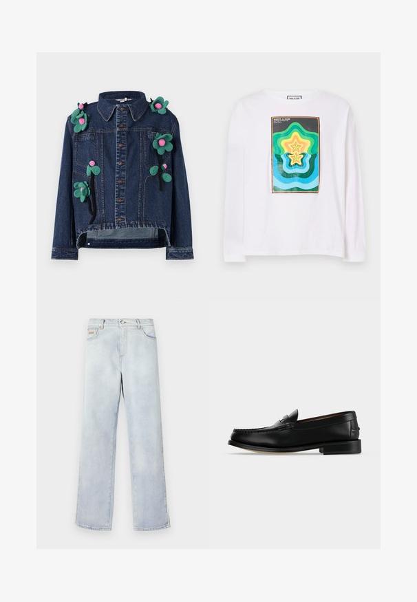 Denimjakke med frontknapper, krave og blomsterapplikationer i grøn og pink, med en cropped design og afslappet pasform.; Hvid langærmet t-shirt med et farverigt geometrisk print bestående af lagdelte stjernetyper i grøn, gul og blå, indrammet af en mørk kant.; Lysblå denimjeans med en lige ben-design, der har en knaplukning, fem lommer og kontrastsyninger.; Sort læder herre loafer med lav hæl og mokkasinsyning på tåen, vist fra siden på en ensfarvet baggrund.