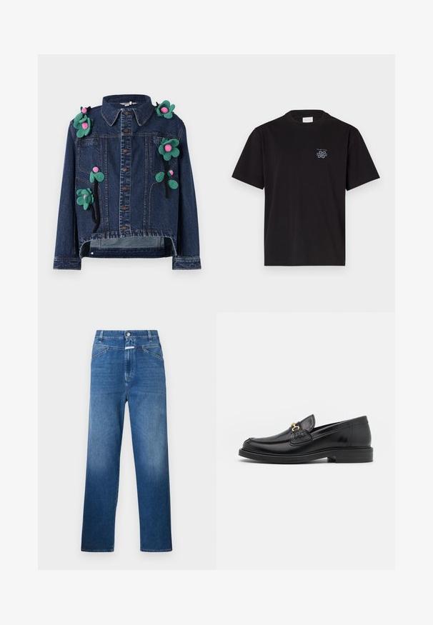Jeansjacke mit Vorderknöpfen, Kragen und floralen Applikationen in Grün und Pink, mit einer verkürzten Passform und lässigem Schnitt.; Schwarzes Baumwoll-T-Shirt mit Rundhalsausschnitt und kurzen Ärmeln. Mit einem kleinen blauen Logo auf der linken Brust. Einfaches, gerade geschnittenes Design.; Blaue Denim-Jeans mit geradem Bein, ausgestattet mit einem Knopfverschluss, Gürtelschlaufen und dezenten Ausbleichungen an den Oberschenkeln.; Schwarze Lederleter mit einer abgerundeten Zehenpartie, ausgestattet mit goldenen Hardwareakzenten und Stichdetails, auf einer niedrigen, strukturierten Gummisohle.