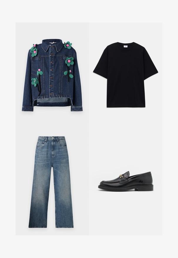 Denimjakke med frontknapper, krave og blomsterapplikationer i grøn og pink, med en cropped design og afslappet pasform.; Sort oversized T-shirt med korte ærmer og rund halsudskæring, med synlig Filippa K mærke indeni kraven.; Blå denim bredbenede jeans med høj talje, subtilt slid, fem lommer og metalknaplukning foran.; Sorte læder loafers med en rund tå, der har guld hardware accent og syningsdetaljer, placeret på en lav, tekstureret gummisål.