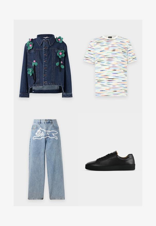 Denimjakke med frontknapper, krave og blomsterapplikationer i grøn og pink, med en cropped design og afslappet pasform.; Multifarvet T-shirt med horisontale penselstrøgsmønstre i nuancer af blå, orange, grøn og sort på en hvid baggrund. Kortærmet.; Lysblå denimjeans med en afslappet, bred pasform. Har et hvidt motiv af en løbende kat på bagsiden. Klassisk fem-lomme design.; Sort lavtopet læder-sneaker med sorte snørebånd, tekstureret gummisål og lille præget logo på siden, vist i profil mod grå baggrund.