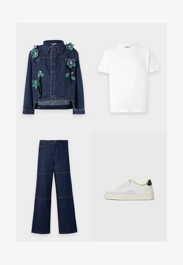 Jeansjacke mit Vorderknöpfen, Kragen und floralen Applikationen in Grün und Pink, mit einer verkürzten Passform und lässigem Schnitt.; Weißes Baumwoll-T-Shirt mit Rundhalsausschnitt und kurzen Ärmeln. Besitzt ein kleines, geprägtes Logo auf der linken Brust. Glatte Textur.; Dunkelblaue Denim-Hosen mit weit geschnittenem Bein und kontrastierender orangefarbener Naht, die große aufgesetzte Taschen an jedem Bein und einen Knopfverschluss an der Taille aufweisen.; Weiße Sneaker mit Wildlederelementen, runder Zehenpartie, flachen Schnürsenkeln und einer cremefarbenen Gummisohle. Mit grünen Markenlogo am Fersenbereich.