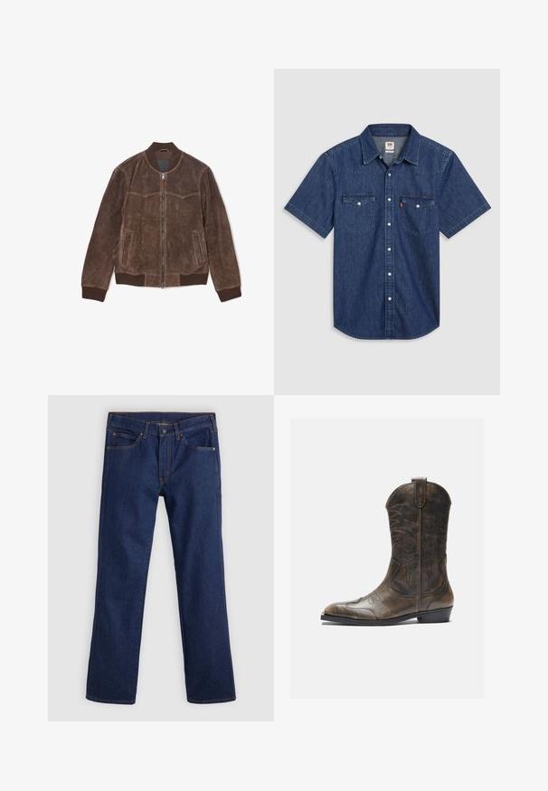 Brun suede bomberjakke med frontlynt, ribbet krave, manchetter, talje og to sidelommer.; Kortærmet denimskjorte i mørkeblå, med to brystlommer, knappelukning foran og en krave med forstærket syning.; Mørkeblå straight-leg jeans med fem lommer, knap- og lynlåslukning, samt orange syninger på en lys baggrund.; Brune læder cowboystøvle med en høj skaft, spids tå, intrikate syning mønstre og en lille hæl. Struktureret finish hele vejen igennem.