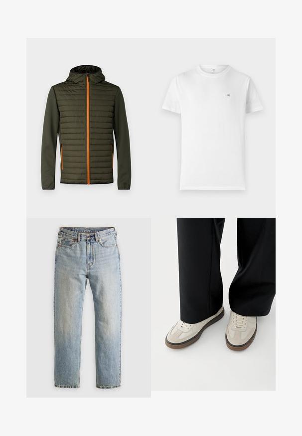 Veste rembourrée de couleur vert foncé avec une fermeture éclair orange. Dotée d'une capuche et de manches lisses. Couture horizontale sur le panneau de poitrine pour une texture.; T-shirt en coton blanc avec un col rond classique, des manches courtes et un petit logo GAP gris sur la poitrine gauche. Design simple et sans ornements.; Jean en denim bleu clair à taille haute, avec bouton avant, fermeture éclair et design à cinq poches, posé à plat sur un fond neutre.; Pieds portant des baskets beige avec des semelles marron et un pantalon noir à jambes larges sur fond blanc.