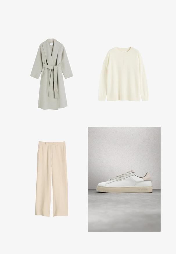 Manteau long en laine gris clair avec un col châle, des manches larges et une ceinture en tissu assorti. Il présente un design minimaliste et sans motifs visibles.; Pull en tricot ivoire avec un col rond, des coutures d'épaule tombantes et un ourlet côtelé. Doté d'un détail de couture central et d'une texture douce.; Pantalon beige à jambe large et taille haute avec passants pour ceinture, poches avant et fermeture éclair devant, présenté sur un fond blanc.; Sneaker en cuir blanc avec une finition lisse, accents en suède beige, bout arrondi, design à lacets plats et semelle en caoutchouc texturée.