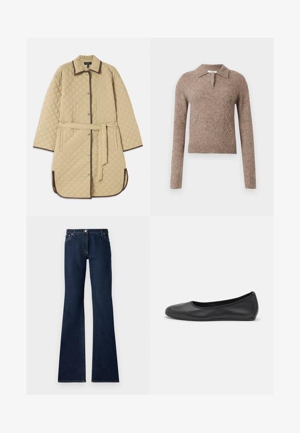 Manteau en beige matelassé avec un col, présentant des bordures marron, des boutons-pression, des poches latérales et une ceinture assortie. Motif en losanges texturé sur toute la surface.; Pull en laine marron avec un col, présentant un motif en losanges et des manches longues, terminé par des poignets et un ourlet côtelés.; Jean flare bleu foncé en denim, dotés d'un design à cinq poches, de passants de ceinture et de coutures jaunes contrastées le long des coutures.; Ballerines en cuir noir avec un bout rond, texture lisse, détails de couture minimalistes et design de semelle flexible.