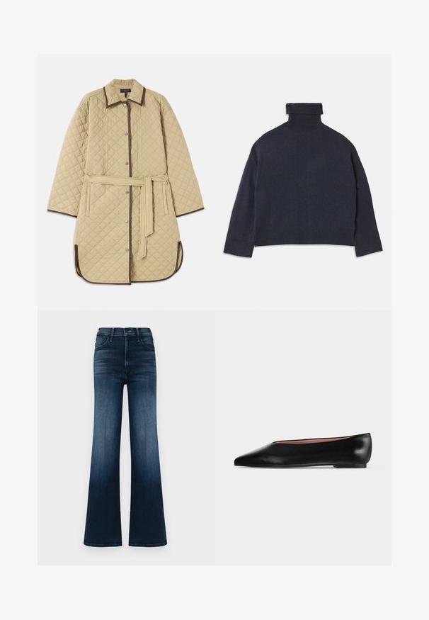 Manteau en beige matelassé avec un col, présentant des bordures marron, des boutons-pression, des poches latérales et une ceinture assortie. Motif en losanges texturé sur toute la surface.; Pull en col roulé bleu marine avec un col en côtes et une texture détaillée. Coupe ample, manches longues et motifs verticaux subtils.; Jeans en denim évasés, bleu foncé avec un dégradé. Comprend cinq poches et une fermeture traditionnelle à bouton et zip. Texture lisse.; Chaussure plate en cuir noir pour femme, avec bout pointu et petit talon, vue de côté sur un fond gris clair uni.