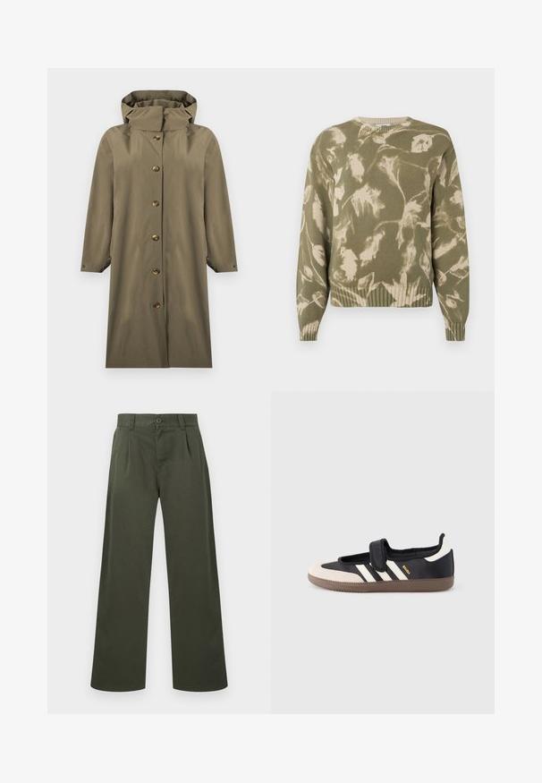 Imperméable long vert olive à capuche avec fermeture à boutons sur le devant et manches longues, présenté sur un fond blanc.; Pull en tricot vert olive avec un motif de feuilles en crème. Ourlet et poignets côtelés, col rond et coupe décontractée. Design de tissu texturé.; Pantalon vert olive à jambes droites avec passants pour ceinture, fermeture à boutons à l'avant et poches latérales sur fond blanc.; Baskets noires et beiges avec une bride en velcro, trois bandes blanches sur le côté, et une semelle en caoutchouc marron texturée. Logo de la marque visible.