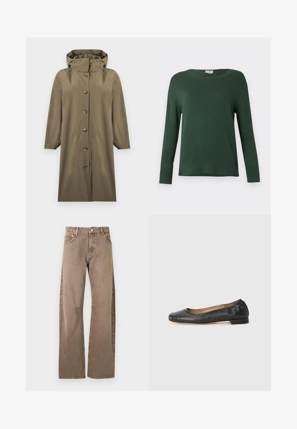 Imperméable long vert olive à capuche avec fermeture à boutons sur le devant et manches longues, présenté sur un fond blanc.; Pull vert à manches longues avec un col rond, des poignets côtelés et des fentes latérales pour une coupe décontractée. Texture lisse et design moderne.; Jeans marron clair taille haute, coupe droite, avec bouton et fermeture éclair à l'avant, poches avant et arrière, présentés sur un fond blanc.; Ballerines en cuir noir avec un bout arrondi et des coutures minimales. Talon bas et rectangulaire avec une texture lisse. Détails subtils de doublure intérieure.