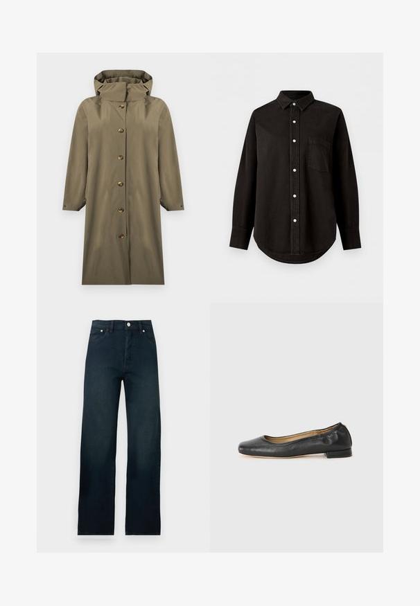 Imperméable long vert olive à capuche avec fermeture à boutons sur le devant et manches longues, présenté sur un fond blanc.; Chemise noire à manches longues avec boutons, col et poche poitrine, présentée sur fond blanc uni.; Jean denim bleu foncé taille haute, jambe droite, avec bouton devant et poches, présenté sur fond blanc uni.; Ballerines en cuir noir avec un bout arrondi et des coutures minimales. Talon bas et rectangulaire avec une texture lisse. Détails subtils de doublure intérieure.