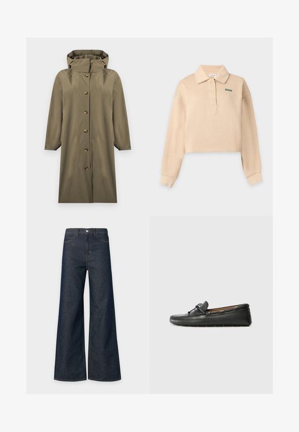Imperméable long vert olive à capuche avec fermeture à boutons sur le devant et manches longues, présenté sur un fond blanc.; Polo beige à manches longues et court avec col, trois boutons et petit logo vert Lacoste sur le côté gauche de la poitrine.; Jean denim bleu foncé taille haute à jambes larges avec fermeture avant par bouton et zip, poches avant, présenté sur fond clair.; Bateau en cuir noir avec un bout arrondi, des détails de couture, un petit accent en nœud et une semelle en caoutchouc. Texture lisse et design épuré.