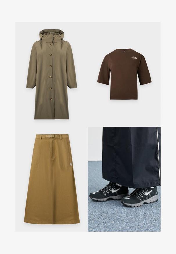 Imperméable long vert olive à capuche avec fermeture à boutons sur le devant et manches longues, présenté sur un fond blanc.; T-shirt marron à manches courtes avec un col rond et le logo The North Face imprimé en blanc sur la partie supérieure gauche de la poitrine.; Jupe longue extérieure beige avec poches avant, ceinture intégrée et logo The North Face sur le côté droit.; Des chaussures de sport noires avec un dessus texturé, des accents argentés et une semelle extérieure à motifs, associées à un long vêtement noir. Présentées sur un tapis bleu.