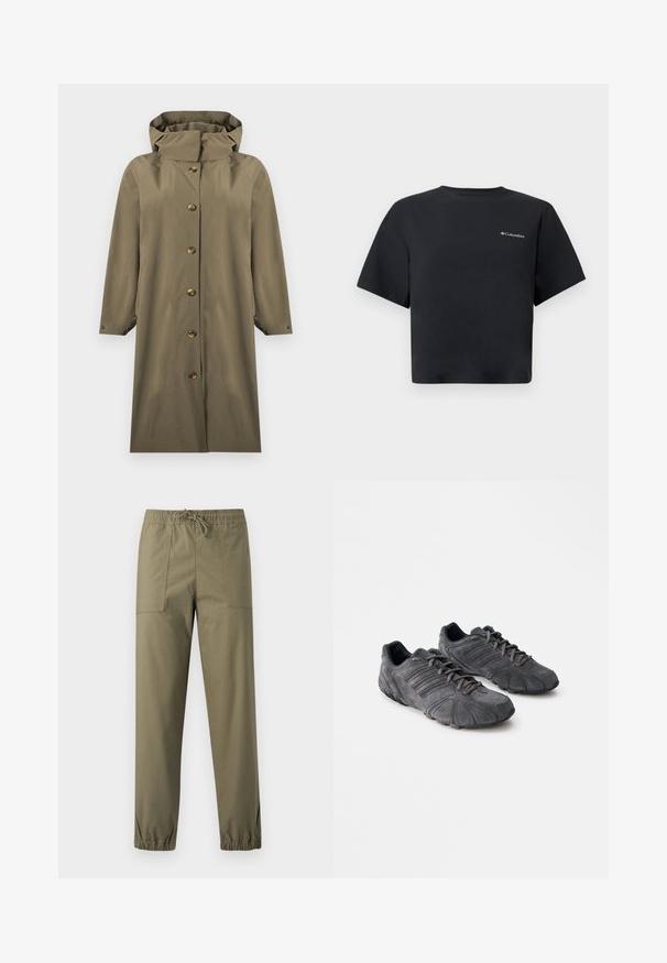 Imperméable long vert olive à capuche avec fermeture à boutons sur le devant et manches longues, présenté sur un fond blanc.; T-shirt court noir à manches courtes, style crop, avec un petit logo Columbia blanc sur le côté gauche de la poitrine, col rond, design simple sur fond blanc.; Pantalon vert olive en tissu lisse avec une ceinture élastique, un cordon de serrage ajustable et des poignets élastiques aux chevilles.; Baskets de sport en suède noir avec une surface texturée, un design arrondi et des semelles en caoutchouc. Elles sont dotées de lacets et de rayures horizontales sur les côtés.