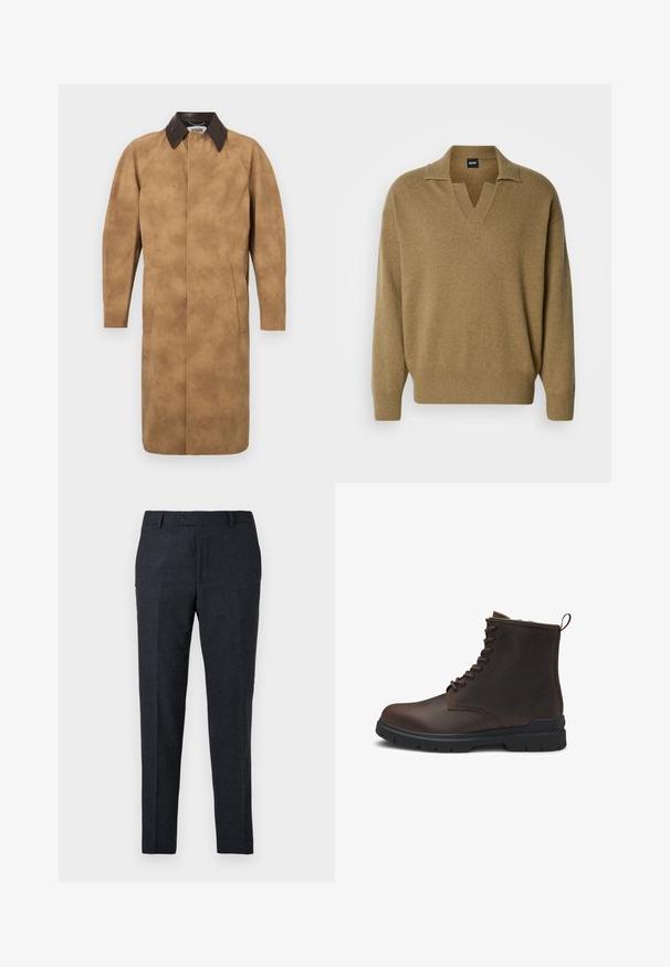 Tan suède jas met een bruine leren kraag, lange mouwen, zijzakken en een recht gesneden ontwerp. Glad textuur met minimale details.; Bruine, oversized gebreide trui met een V-hals en geribbelde manchetten. Gemaakt van zacht materiaal met een gestructureerde afwerking en een ontspannen pasvorm.; Donkergrijze op maat gemaakte broeken van textuurstof. Voorzien van een enkele knoopsluiting en een recht model met zijzakken.; Donkerbruin leren veterschoen tot de enkel met zwarte rubberen zool en een treklopend aan de achterkant, zijaanzicht.