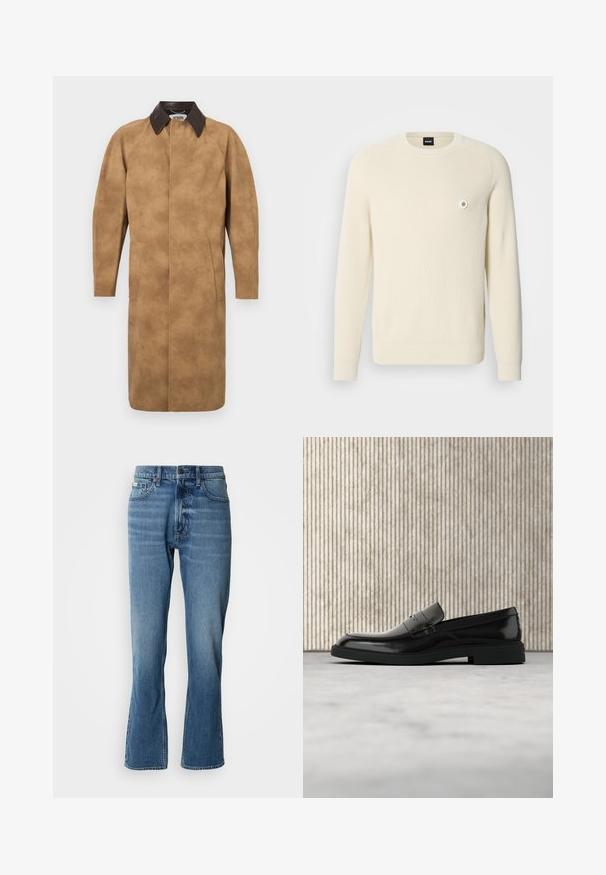 Tan ruskindsfrakke med krave i brunt læder, lange ærmer, sidelommer og en lige skæredesign. Glat tekstur med minimal detaljer.; Cremefarvet sweater lavet af ribstrikket stof med rund halsudskæring, lange ærmer og en lille cirkulær logo på venstre bryst.; Lyseblå denim jeans med lige pasform og let flare. Har fem lommer, knaplukning og subtile slidte detaljer.; Sort poleret læderloafer flydende over beige tæppe med orange gennemsigtigt møbel i baggrunden.